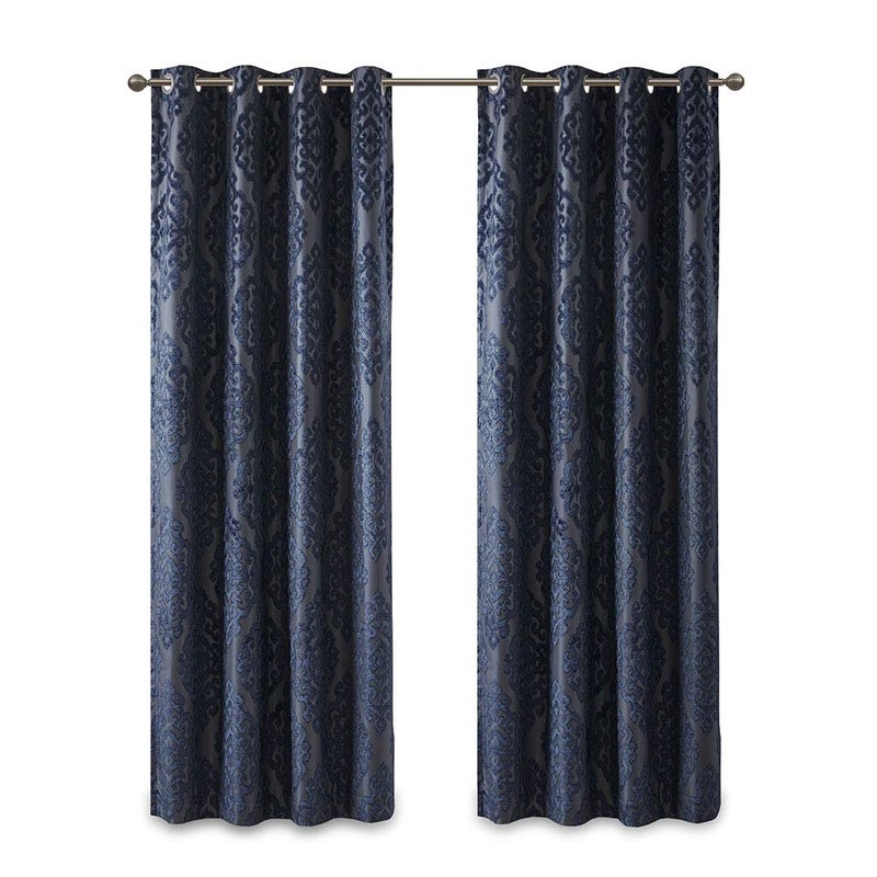 SUNSMART Sun Smart Mirage 100% Total Blackout Window Single Curtain, Knitted Jacquard Damask Room Darkening Curtain Panel with Grommet Top 50 x 84 in, Navy - Image 1